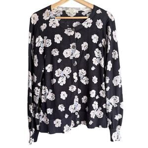 LOFT 100% Cotton Lightweight Floral Button Front Cardigan Sweater Navy Pastel L